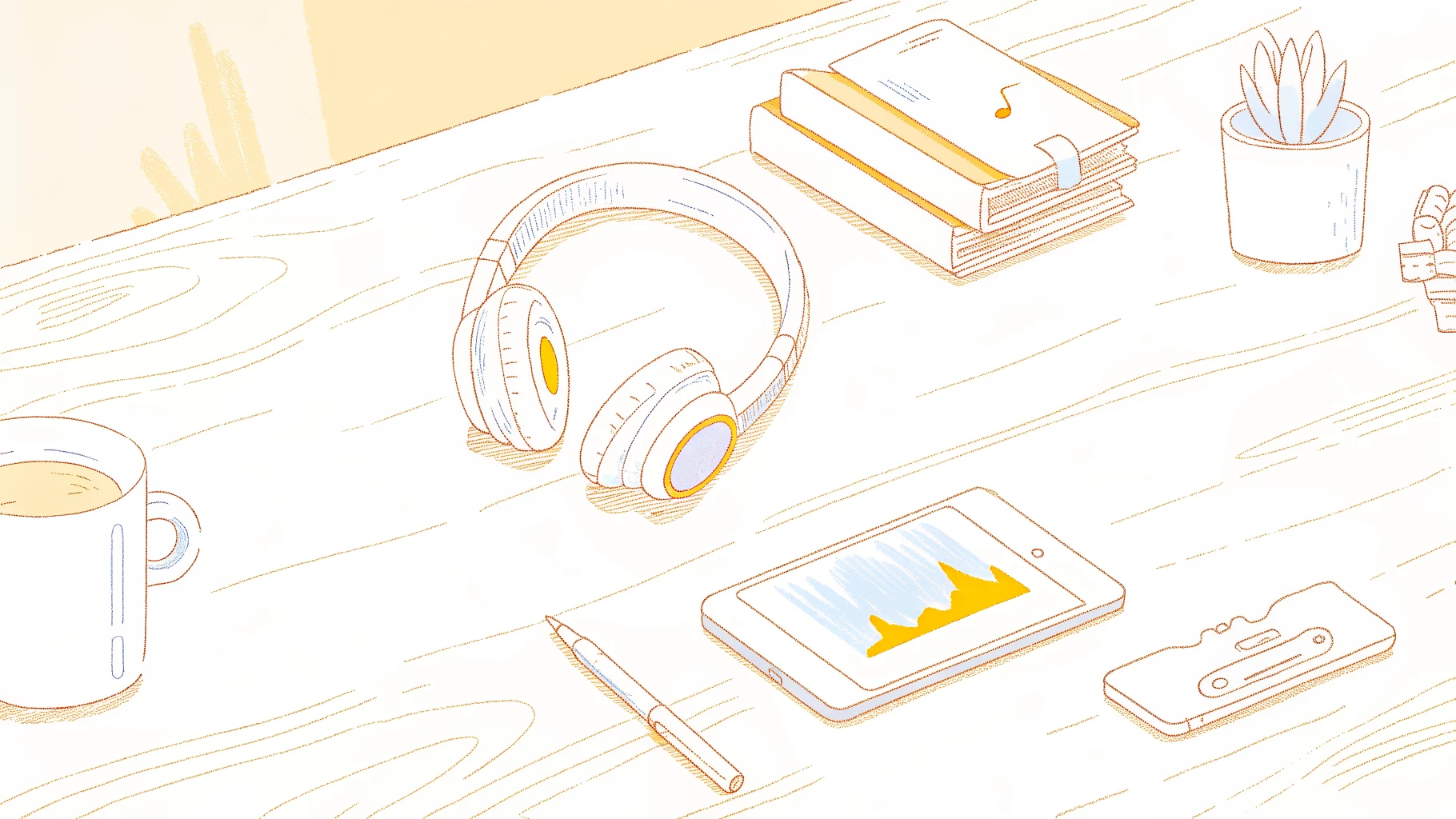 Desk scene with audio recorder, headphones, and abstract waveform panel for AI transcription tool comparison
